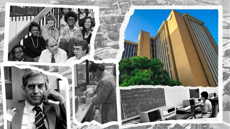 Collage of photos overlapping, with original faculty & staff pictured; Reuel A Stallones; Laboratory technician; computer lab; and building photo.