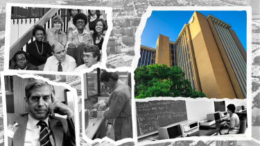 Collage of photos overlapping, with original faculty & staff pictured; Reuel A Stallones; Laboratory technician; computer lab; and building photo.