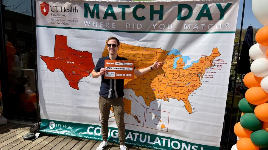 Match Day image with sign of USA in background and student pointing at map.