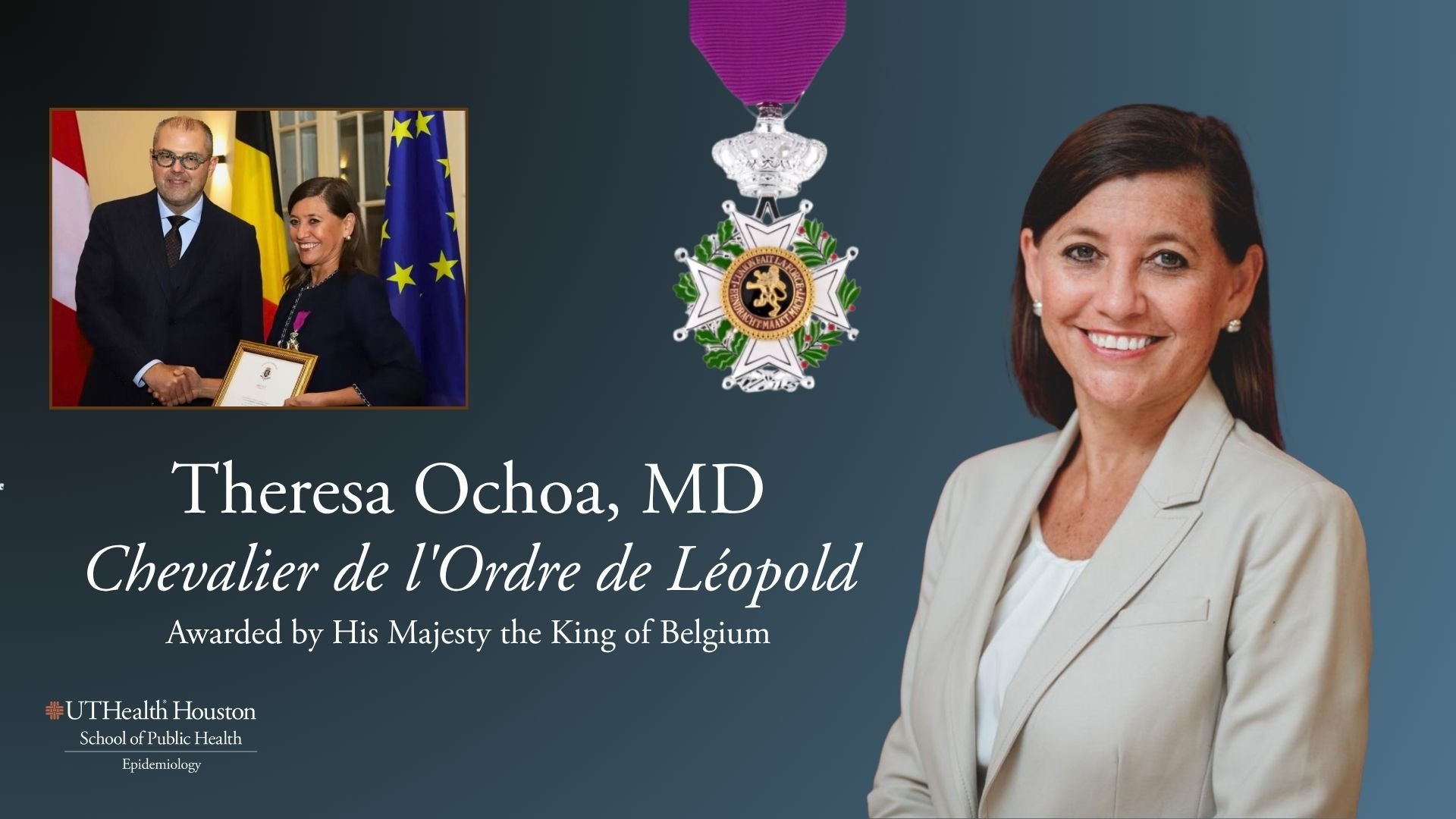 Woman shaking hands with a man next to a large white medal with a smiling woman