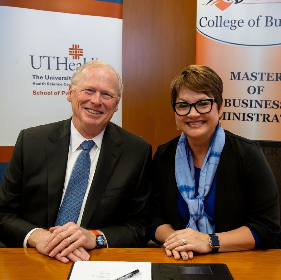 UTHealth School of Public Health Dean Eric Boerwinkle, PhD, UTPB President Dr. Sandra Woodley