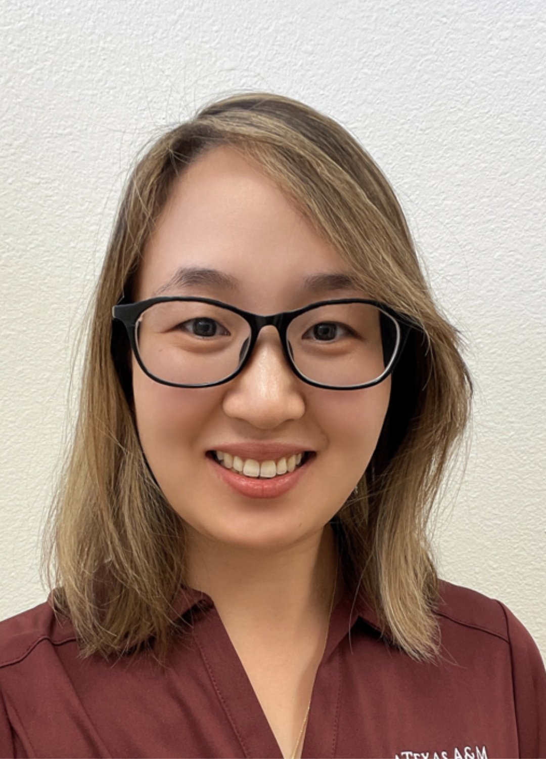 Jingjing Gao, PhD, smiling at camera wearing glasses and a maroon collard shirt.