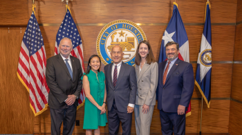 From left: Dean Eric Boerwinkle, PhD; Theresa Tran, MD; Mayor John Whitmire; President Melina R. Kibbe, MD; and Scott Forbes. (Photo by UTHealth Houston)